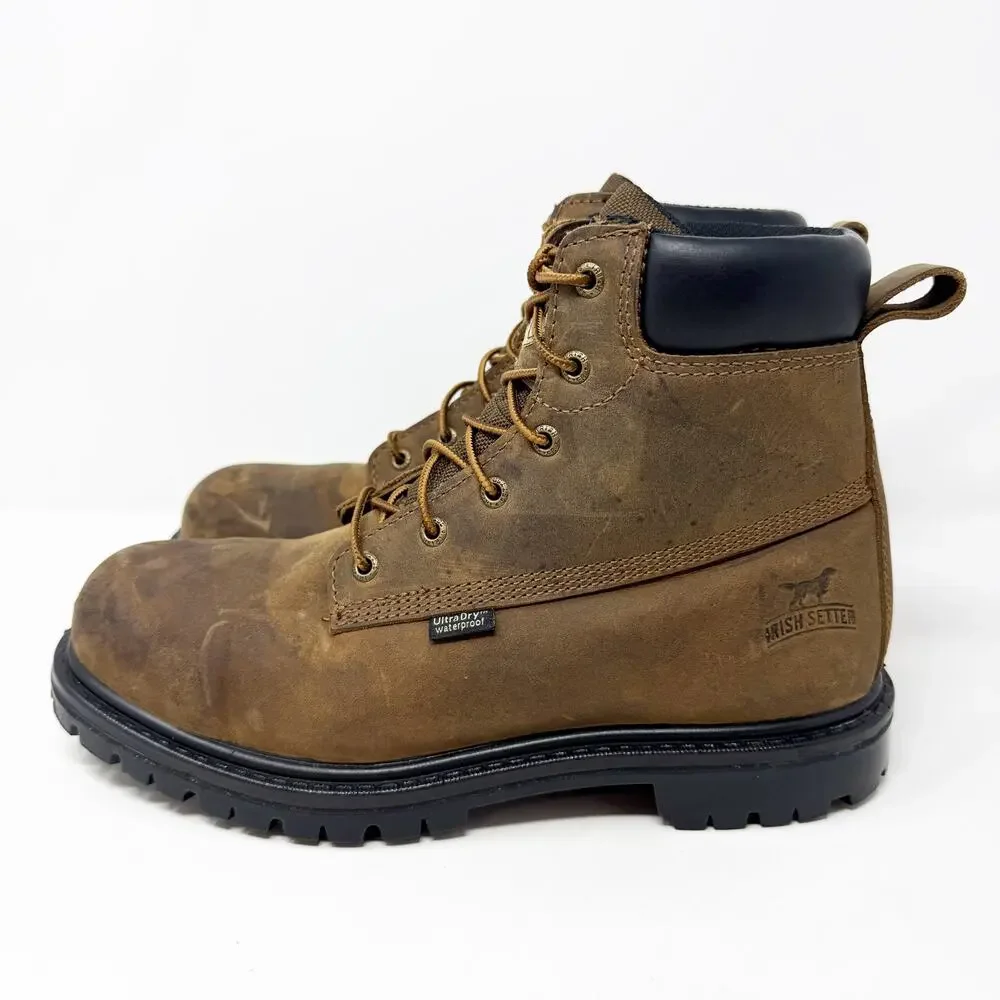 Irish Setter Brown Leather Steel Toe Boots Men's Size 8 GUC Waterproof Lace Up